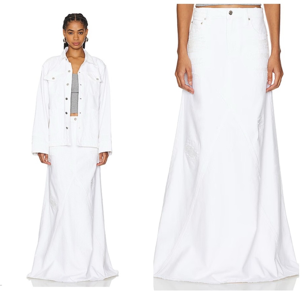 GRLFRND Jean Skirt Women’s 26 White Rip Fiona Godet Maxi NWT